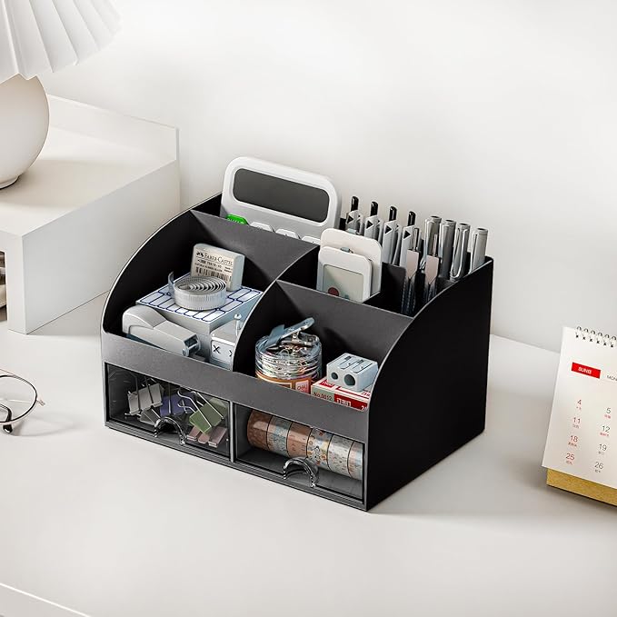 COMFYROOM Desk Organizer with 6 Compartments and 2 Drawers, Plastic Makeup Organizer, Pen Holder for Desktop Storage, Desk Organization for School, Home, Office Supplies (Black)