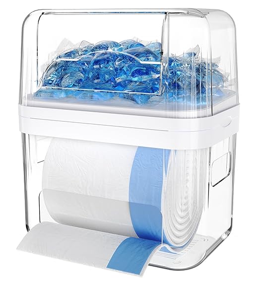 Trash Bag Dispenser & Dishwasher Pods Container, 3 in 1 Clear Acrylic Garbage Bags Holder Under Sink Organizer Laundry Pods Dishwasher Tabs Storage Box for Laundry Room and Kitchen Cabinet