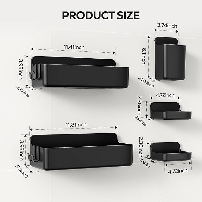 Adhesive Wall Shelf, Shower Shelves 5 Pack with Soap Holder, Black