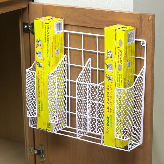 Home Basics Organizer Rust Resistant, Perfect for Food Storage, Silver Foil, Wax Paper, Sandwich Bags, Plastic Wrap-Mounts,White