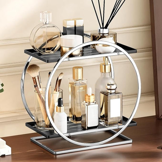 2-Tier Bathroom Organizer Countertop, Silver Black Perfume Organizer for Dresser