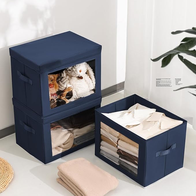Stackable Storage Bins with Lids, Large Decorative Basket with Lids, Navy Blue