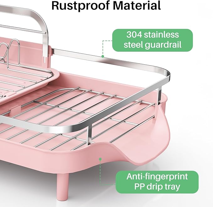 Dish Drying Rack, Expandable Dish Rack for Kitchen Counter, Pink