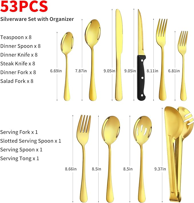 53PCS Gold Silverware Set for 8 with Flatware Drawer Organizer, Stainless Steel Cutlery Set with Steak Knives, Include Spoons and Forks Set & Serving Utensils, Mirror Polished, Dishwasher Safe
