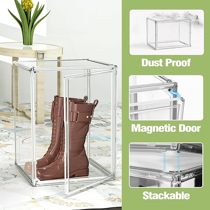 XX-Large Acrylic Display Case for Boots and Collectibles, Clear Stackable Boot Storage Box with Magnetic Door, XXL Shoe Storage Organizer for Cowboy Boots, Barbie Dolls, Hats and Display Items