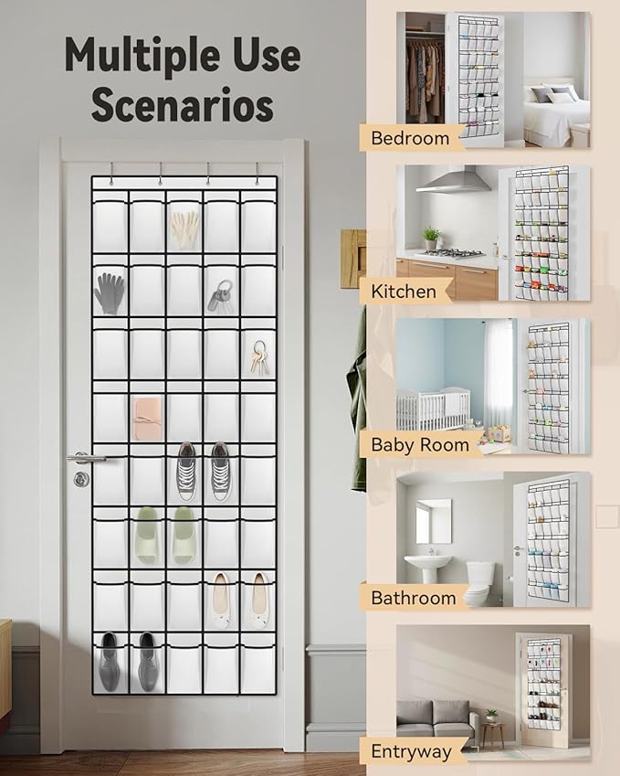 dodowin Over the Door Shoe Organizers, 2 Pack - 40 Deep Mesh Pockets Each, Over The Door Shoe Rack with 4 Metal Hooks Each, Space Saving Hanging Storage Holder for Closets, Shoes & Accessories, White