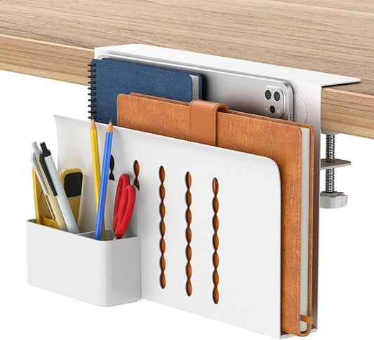 HAMOPY Desk Side Storage, Single-Layer Steel Hanging Desk Organizer with Magnetic Pen Holder, No Drilling Desk Drawer Cable Management Tray, Under Desk Laptop Holder for Office, School&Home(White)