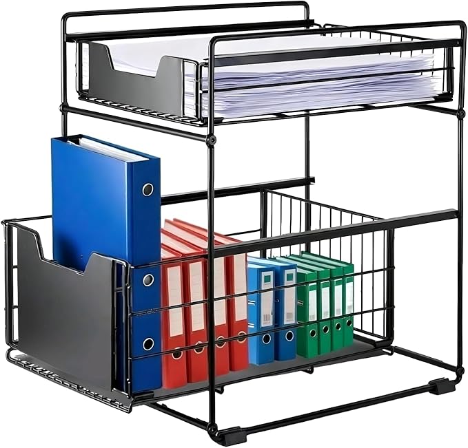 2 Tier Under Sink Organizer,Slide Out Kitchen Cabinet Organizer,Pull Out Pantry Storage with 2 baskets, Office Supplies,Kitchen,Bathroom Organizer with Sliding Drawer,Large Capacity,Multi-Use
