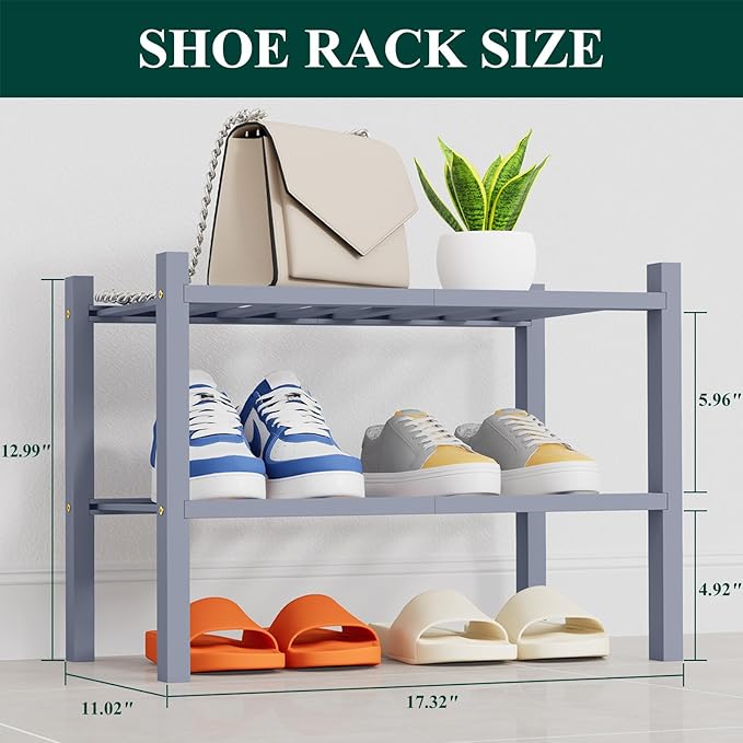 Smiry Small Bamboo Shoe Rack, 2 Tier Free Standing Wooden Shoe Organizer, Stackable Wood Shoe Storage Shelf for Closet, Entryway, 14 Vertical Slats, One-piece Heavy-Duty Legs, 17.3"x11"x13", Grey