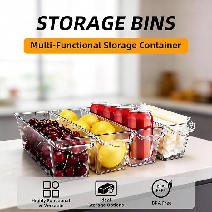 8 Pack Fridge Storage Bins, BPA Free Clear Refrigerator Organizers and Storage Containers, Clear Pantry Organization & Cabinet Bins, Slim Freezer Bin for Kitchen, Mini Fridge, Breast Milk