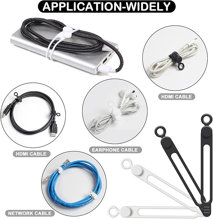 48Pcs Cord Organizer Kit, Reusable Silicone Cable Ties, Strong Adhesive Cable Clips for Cable Management, Multipurpose Wire Management for Bundling and Fastening Various Wires (Black, White)