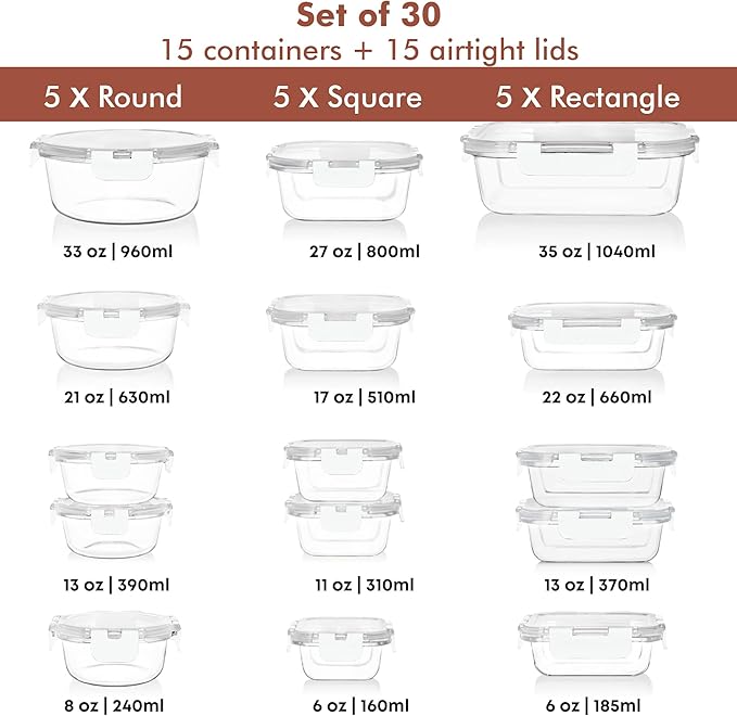 Razab 30 PC Glass Food Storage Containers with Lids - Reusable Glass Meal Prep Containers for Lunch and Leftovers - Airtight & Leakproof Snap Locking Lids - Oven, Freezer, Microwave, Dishwasher Safe