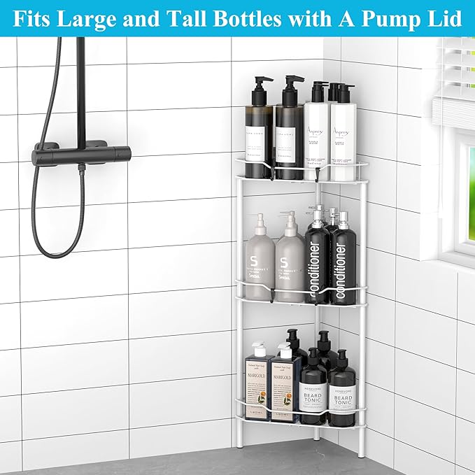 3 Tier Floor Standing Corner Shower Caddy Organizer Shelf with Hooks, White