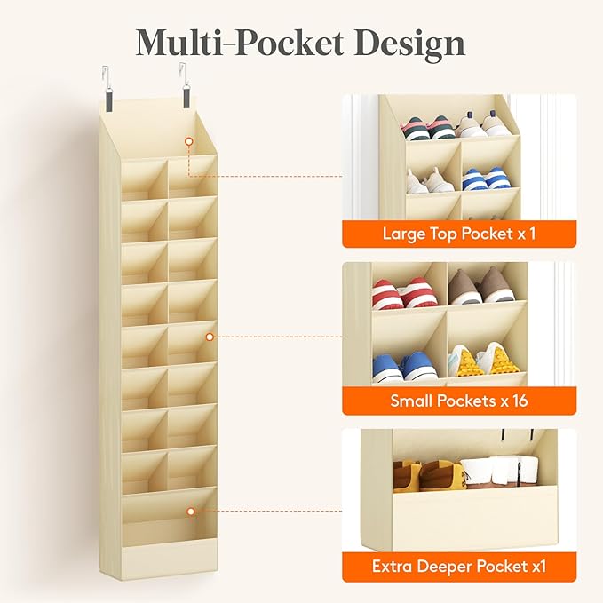 10 Tier Over the Door Shoe Organizer with 19 Large Deep Pockets, Beige