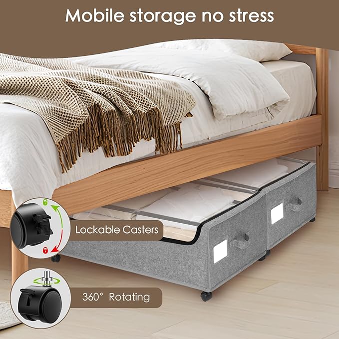 Under Bed Storage with Wheels, 4-Pack Under the Bed Storage Containers with Clear Lids & Label, Underbed Storage Bins, XXXL 85L 11 inches Rolling Metal Drawer for Clothes, Shoes, Toys, Books - Gray