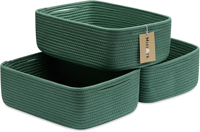 MiniArk Large Shallow Organizing Baskets 15x11x5.1 Inches - Rope Woven Storage Bins for Bathroom, Shelves, Cube Closet, Green 3 Packs