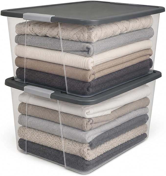 HOMZ 2-Pack Secure Latch, Clear Plastic Storage Organizer Bins, 64 Quart, Gray Lid - Heavy-Duty Container Boxes with Lids for Home, Office, and Garage
