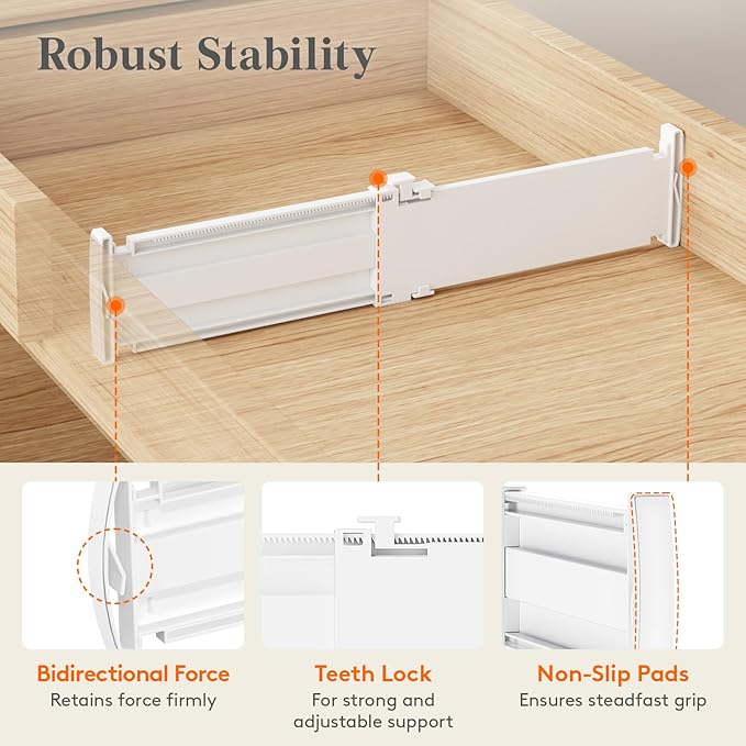 Lifewit Drawer Dividers for Clothes, 3.2" High 10.5"-16.5" Expandable Dresser Drawer Organizers, Adjustable White Plastic Separators for Kitchen, Cabinet, Nursery, Socks & Underwear Storage, 4 Pack