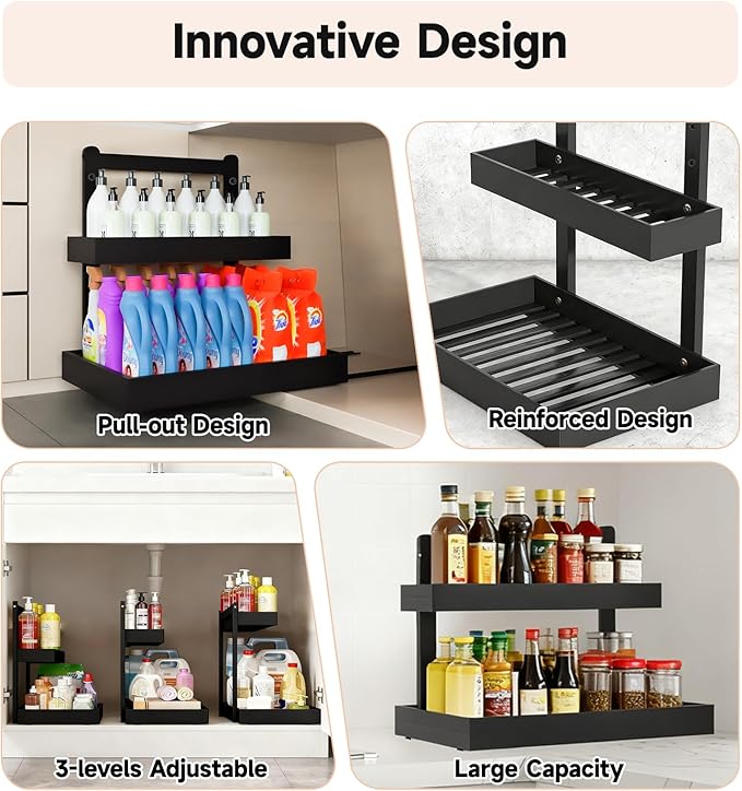 Bamboo Undersink Organizer Storage - 2-Tier Cabinet Shelf with Adjustable Levels, Under Sink Storage Slide Out for Cabinet Pantry Kitchen Bathroom (Black, 2 Packs)