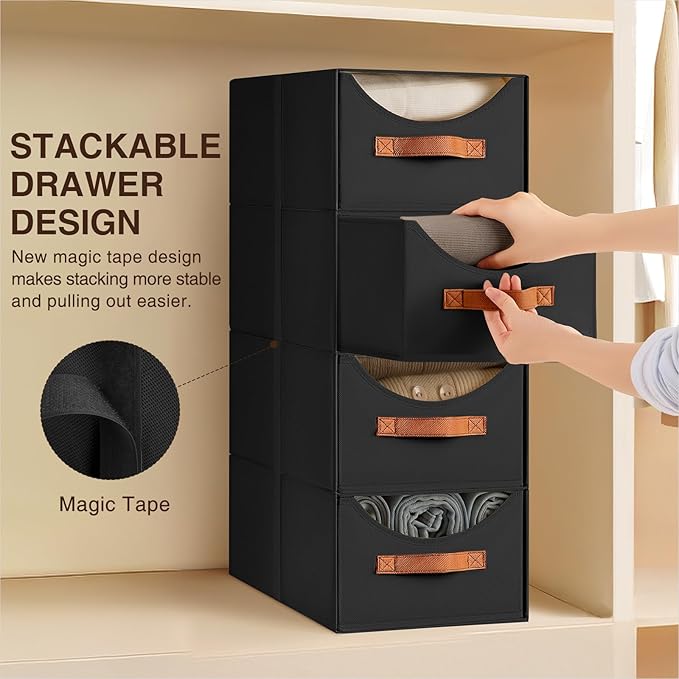 Homsorout Stackable Storage Drawers - Collapsible Storage Bins with Drawers, 6 Pack Closet Shelf Organizer Basket, Fabric Pull Out Organizer for Bedroom, Living Room, Dorm, Black