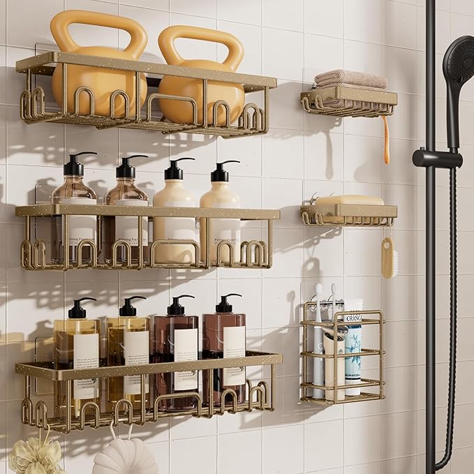 Shower Caddy 6-Pack, No Drilling & Rustproof, Matte Gold