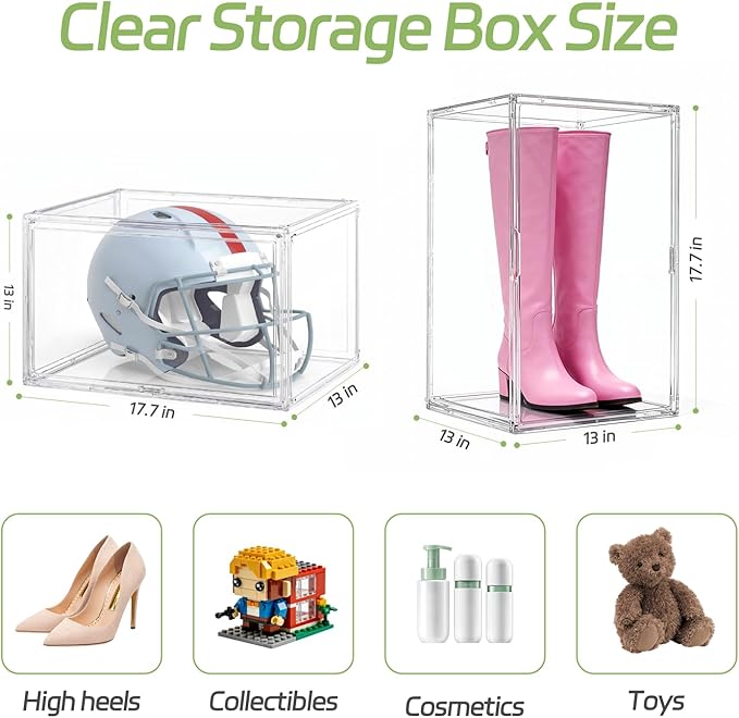 Extra Large 17.7" x 13" x 13" Clear Stackable Storage Bins, Acrylic Boxes with Magnetic Lid Storage Bins for Boots, Shoes, Collectibles, Bags, Figures, Books, Protection Organizer(3 Pack)