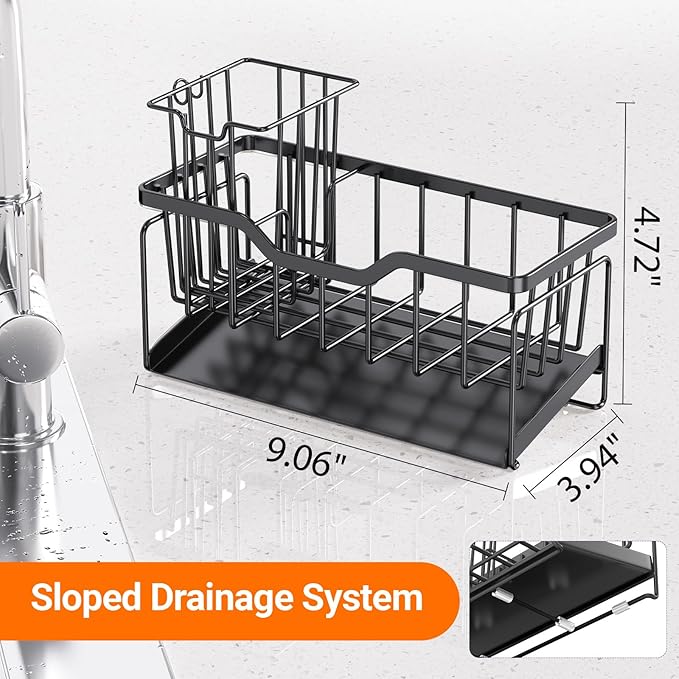 Kitchen Sink Caddy Organizer, Rustproof Sponge Holder for Kitchen Sink, Black