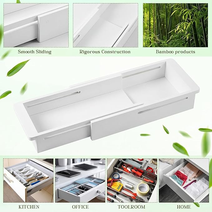 2 Pcs Sliding Drawer Organizer Bin Bamboo Drawer Expandable Bins Utensil, White