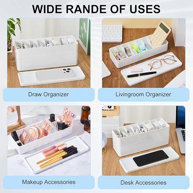 Tatuo 4 Pcs Cable Organizer Box with Wire Ties, Plastic Cord Storage Box with Lid, Electronics Organizer for Home Office Desk Organizers and Accessories (White)