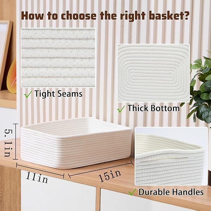 MiniArk Large Shallow Organizing Baskets 15x11x5.1 Inches - Rope Woven Storage Bins for Bathroom, Shelves, Cube Closet, Off White 4 Packs