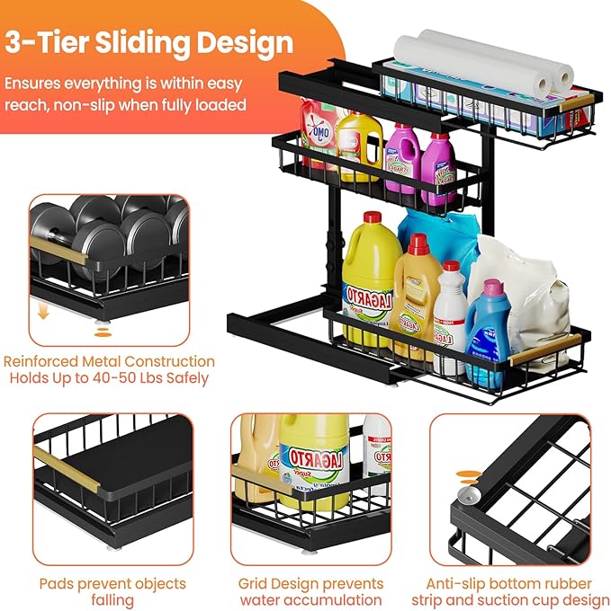 Under Sink Organizer and Storage for Bathroom and Kitchen - 1 Pack 3 Tier Under Cabinet Pull Out Shelf Organizers - Slide Out Drawer Organization for Home Cabinets Shelves and Drawers