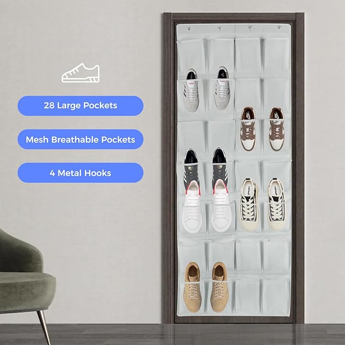 GOMAJI 28 Large Pockets Over the Door Shoe Organizer with 4 Hooks for Different Widths Doors, Hanging Shoe Rack Holder for Closet Men Sneakers, Women High Heels