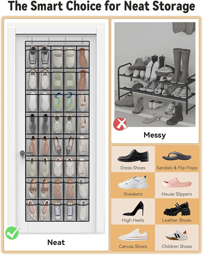 dodowin Over the Door Shoe Organizers, 2 Pack - 40 Deep Mesh Pockets Each, Over The Door Shoe Rack with 4 Metal Hooks Each, Space Saving Hanging Storage Holder for Closets, Shoes & Accessories, Gray