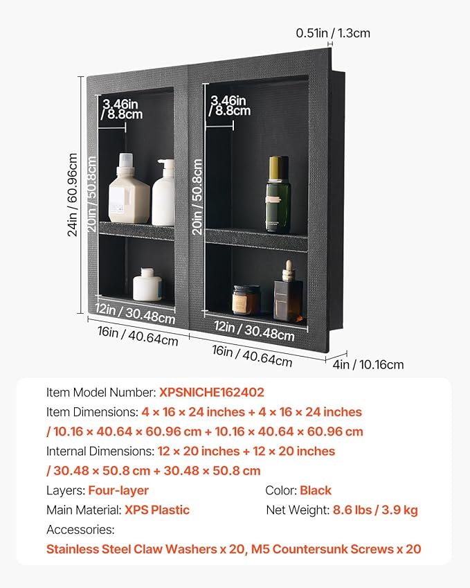 VEVOR Shower Niche, 16 x 24 inch + 16 x 24 inch Recessed Wall Niche with Movable Shelf, 4 inch Thick Modern Soap&Shampoo Storage Organizer,Square Corners,Sealed Waterproof,Black for Bathroom Shower