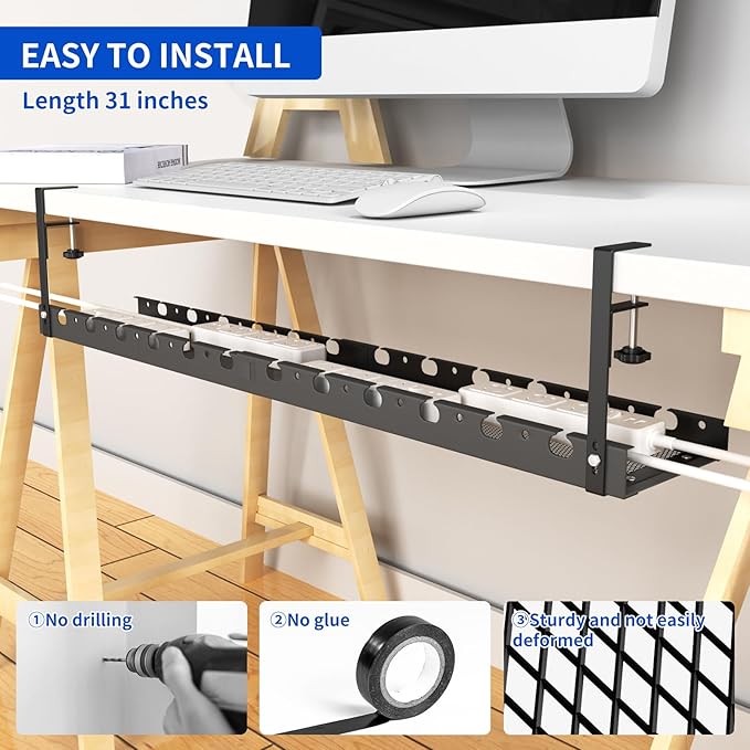 Under Desk Cable Management Raceway Clamp 2 Hole 31 Inch No Drill Cord Organizer for Standing Desk Sturdy Metal Office Desk Wire Management - No Damage to Table