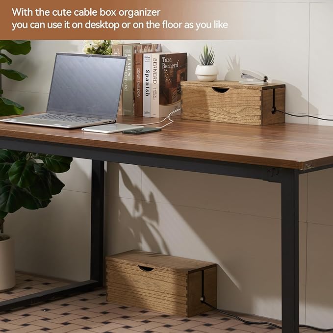 KIRIGEN Wooden Cable Management Box Set of 2 - Solid Wood Large & Small Cord Organizer Hides Power Strips, Chargers & Wires for Desk, TV Stand, Home Office Brown DXH2T-DBR