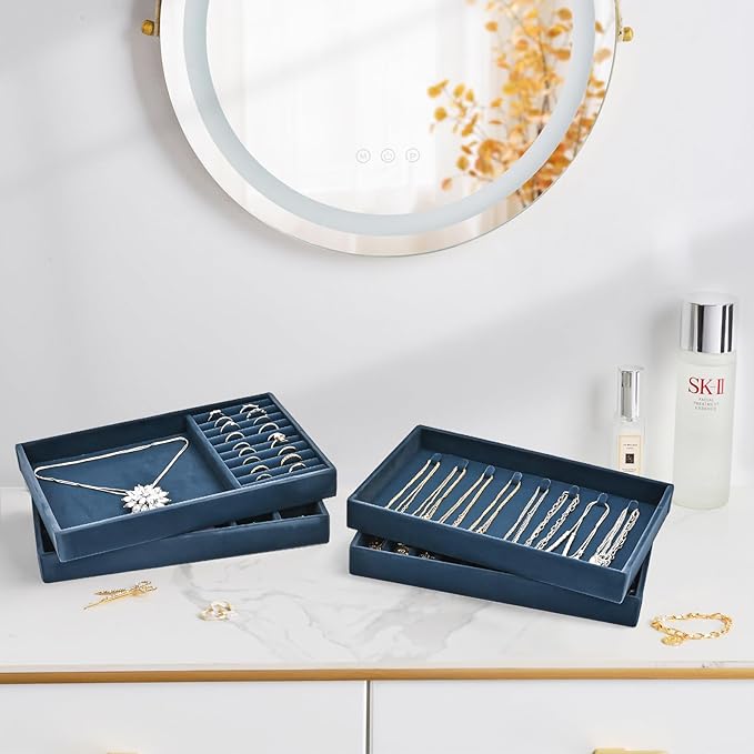 ProCase Stackable Jewelry Organizer Trays for Drawers, Jewelry Drawer Inserts Container Display Case Storage for Earring Necklace Rings Bracelet with Removable Dividers -Darkblue, 4 Layers
