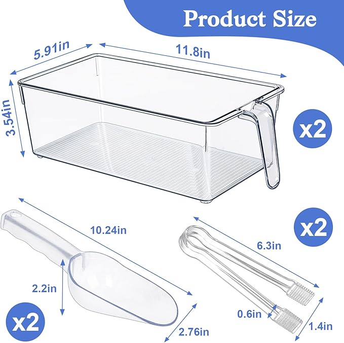 Clear Ice Bucket for Freezer, Ice Cube Storage Bin with Flexible Handle, and Ice Holder for Freezer, Scoop & Tongs Set, Fridge Container, Home Bar Organization