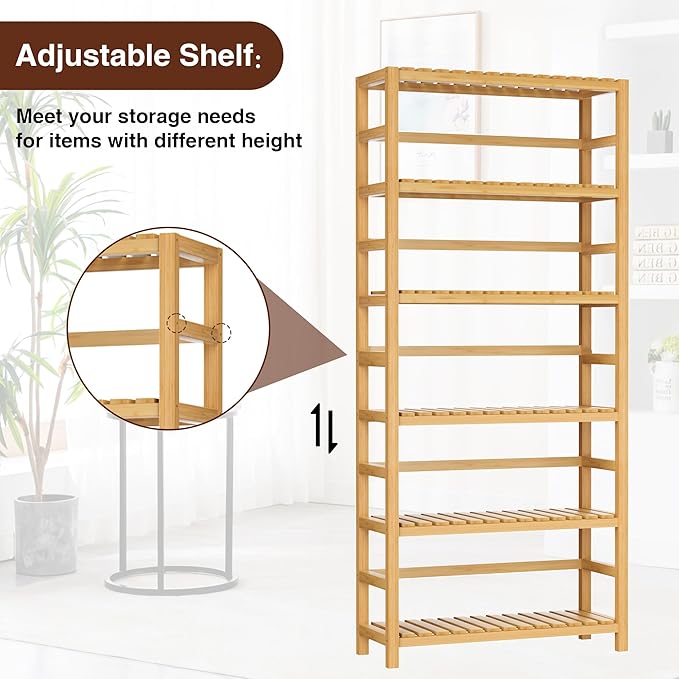 6-Tier Bamboo Shelf, Bamboo Storage Shelving Unit, Living
