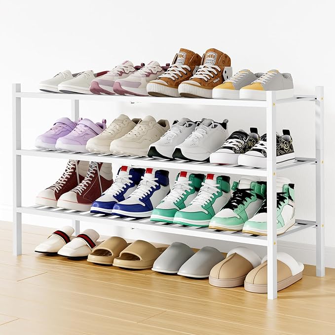 Smiry Long Bamboo Shoe Rack, 3 Tier Free Standing Wooden Shoe Organizer, Stackable Wood Shoe Storage Shelf for Closet, Entryway, 12 Vertical Slats, 2+1 Stack Standard Legs, 33.7"x11"x19.5", White