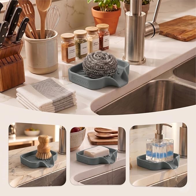 MicoYang Silicone Soap Dish with Drain Spout — Self-Draining Sink Organizer Tray for Bathroom & Kitchen, Holds Bar Soap, Sponges & Dispensers, Non-Slip & Dishwasher Safe, Grey (Small, 4.9"×3.2")