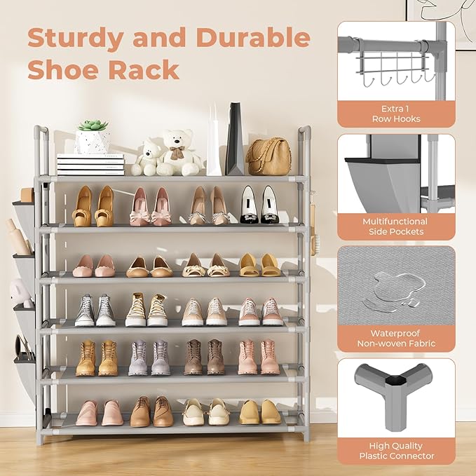 LANTEFUL 6 Tier Shoe Rack Storage for 24-30 Pairs Shoe and Boot, Shoe Organizer with Hook and Side Pocket Free Standing Long Shoe Shelf Tall Shoe Rack Organizer for Closet, Entryway, Dorm, Grey