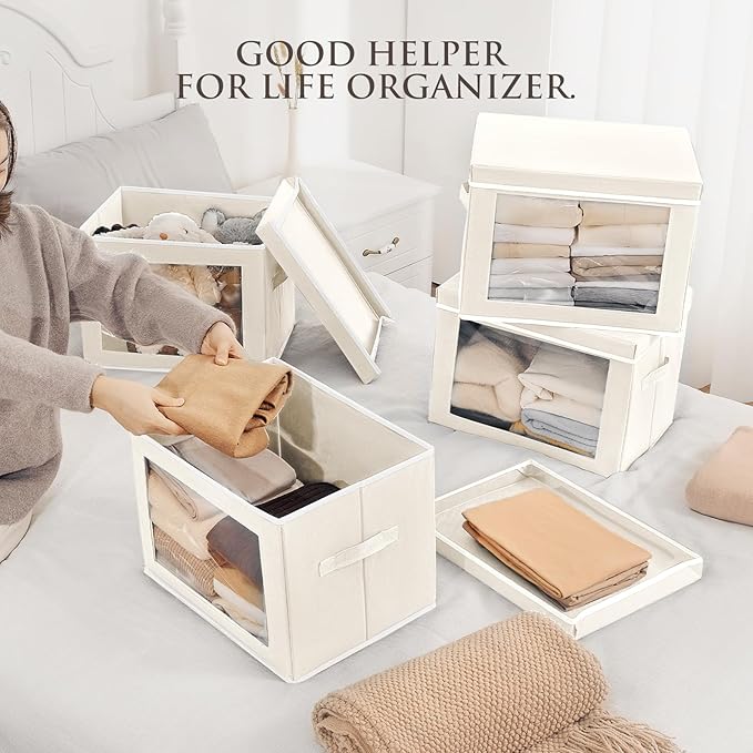 Storage Bins with Lids, 4 Pack Large Storage Cubes with Window, Beige