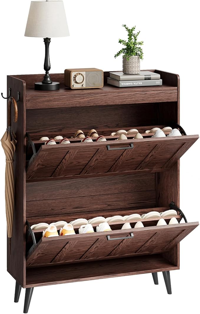 ChooChoo Shoe Storage Cabinet with 2 Flip Drawers, Freestanding Hidden Slim Narrow Shoe Rack Cabinet, Farmhouse Shoe Organizer Storage for Entryway, Walnut