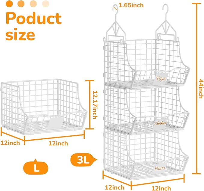 Hanging Closet Organizers and Storage, 5 Tier Closet Shelf Clothes Organizer with 2 S-Hooks, Multi-Functional Iron Wire Baskets, for Clothing, Sweaters, Handbags, Hat, Canned