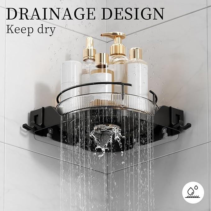 360°Rotating Corner Shower Caddy(2-Pack), No-Drill Adhesive Shower Shelf Organizer with Hooks, Lazy Susan Bathroom Storage for Bathtub, Shower Corner & Kitchen Sink, Space Saving Bathroom Organizer