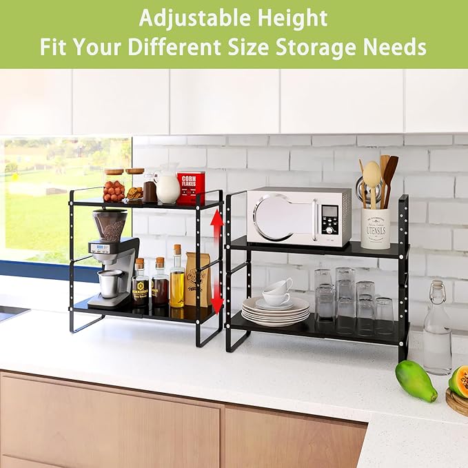 Across-Star Expandable Cabinet Shelf Organizer Rack, Stackable Kitchen Counter Storage Shelves Stand, Adjustable Height Pantry Shelf Spice Rack