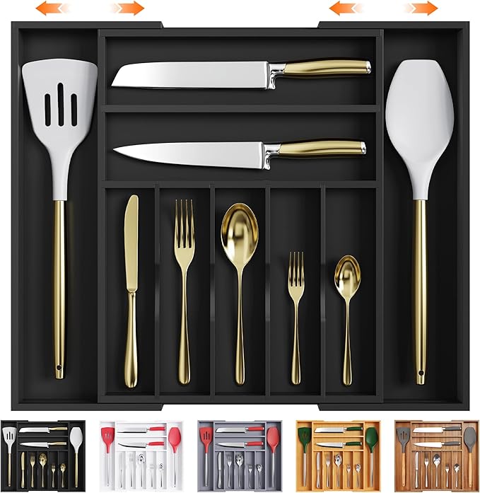 Large Premium Bamboo Silverware Organizer, 7-9 Slot, Black