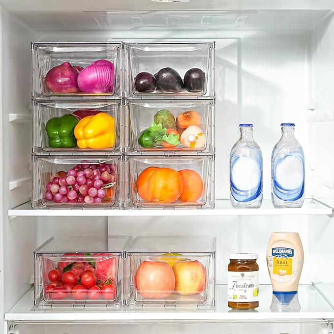 Clemate 4Pack Clear Stackable Kitchen Storage Organizer,Pantry Organizers and Storage,Foods Organizer Bins with Handles, Easily Assemble for Bathroom, Kitchen, Refrigerator, Pantry, Cabinet, Closet
