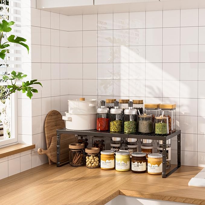 Expandable Adjustable Stackable Kitchen Organizer,Pantry Storage Shelves Racks,for cabinets Shelf, Kitchens, countertops, bathrooms,RV(1Pack/Black,Medium)